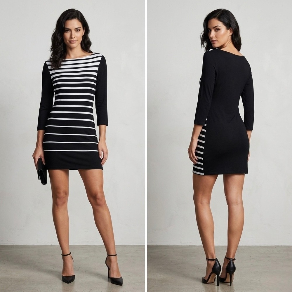 White House Black Market Womens Striped Boat Neck 3/4 Sleeve Mini Shift Dress XS